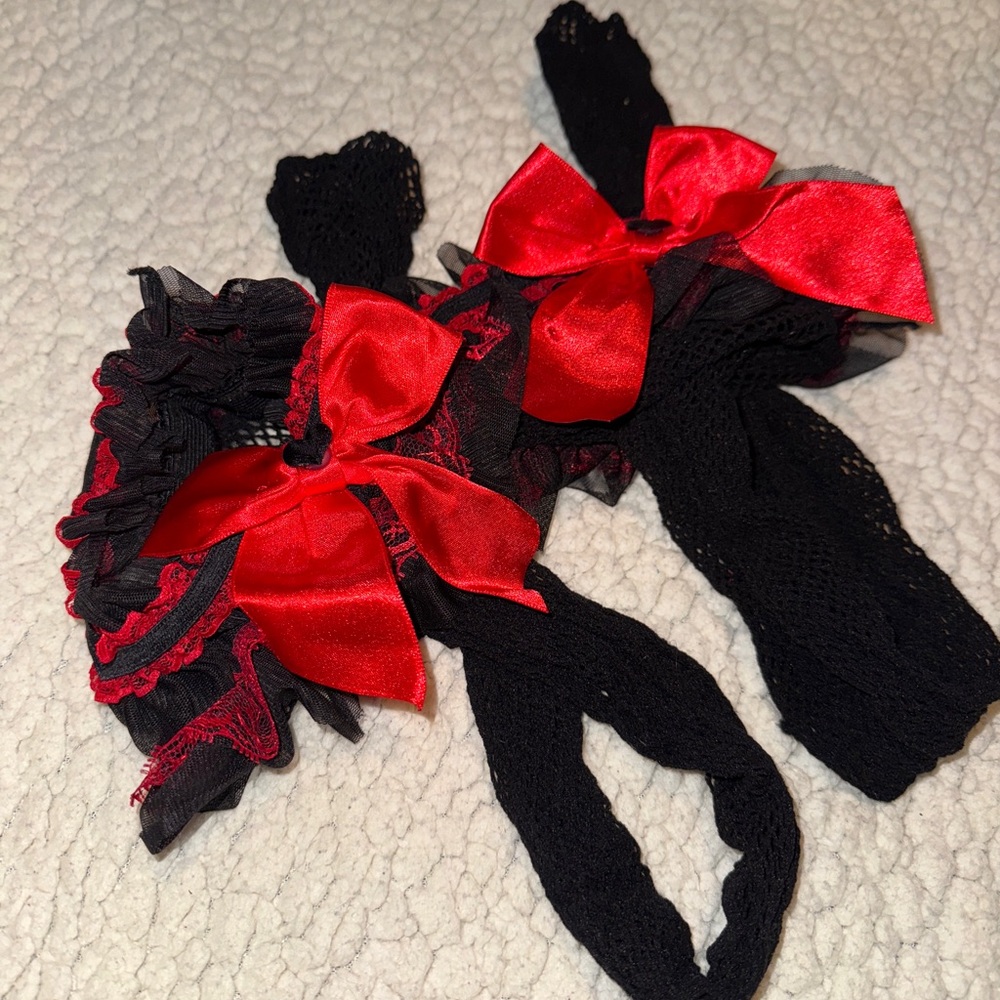 Sexy Fishnet Stockings Thigh High Black Red Lace Bows Black Hearts Lolita Gothic